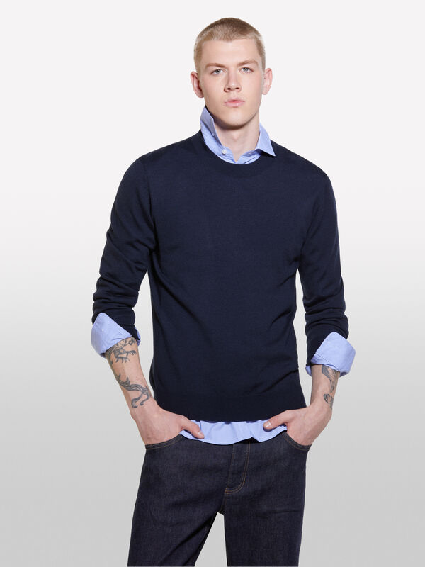 Dark blue sweater in wool blend - men's crew neck sweaters | Sisley