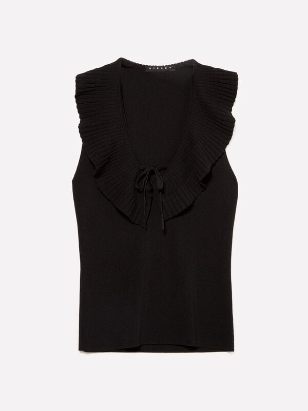 Black knit top with rouches - women's tops | Sisley