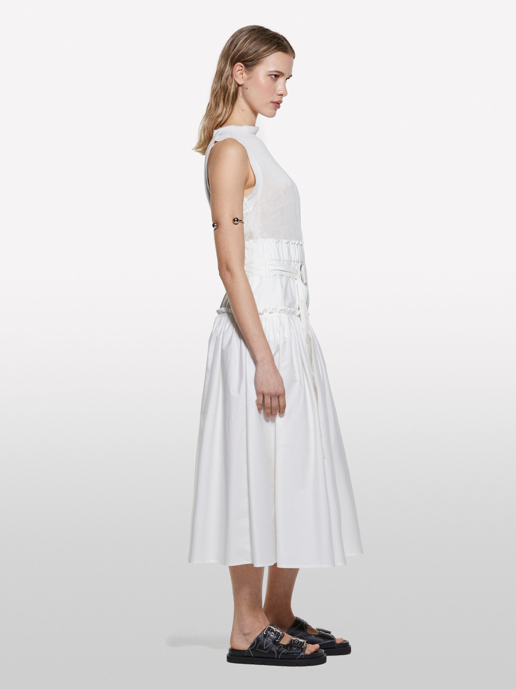 White flared skirt with belt, White - Sisley
