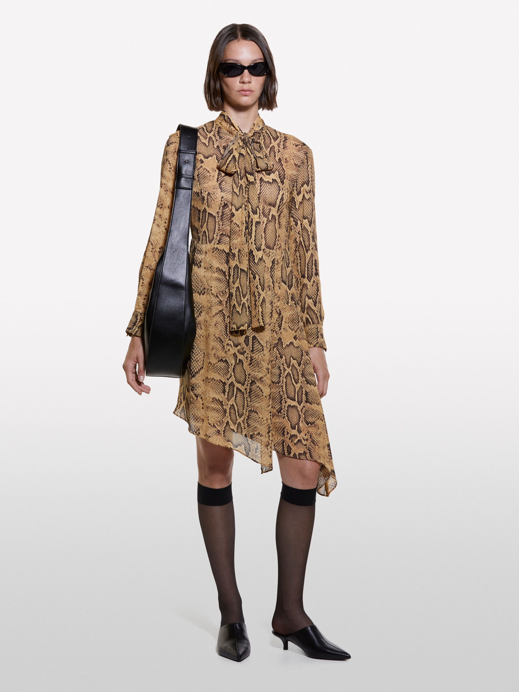 Mustard uneven printed shirt dress, Mustard - Sisley