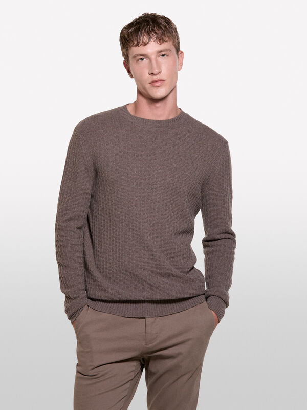 Brown 3D stitch sweater - men's crew neck sweaters | Sisley