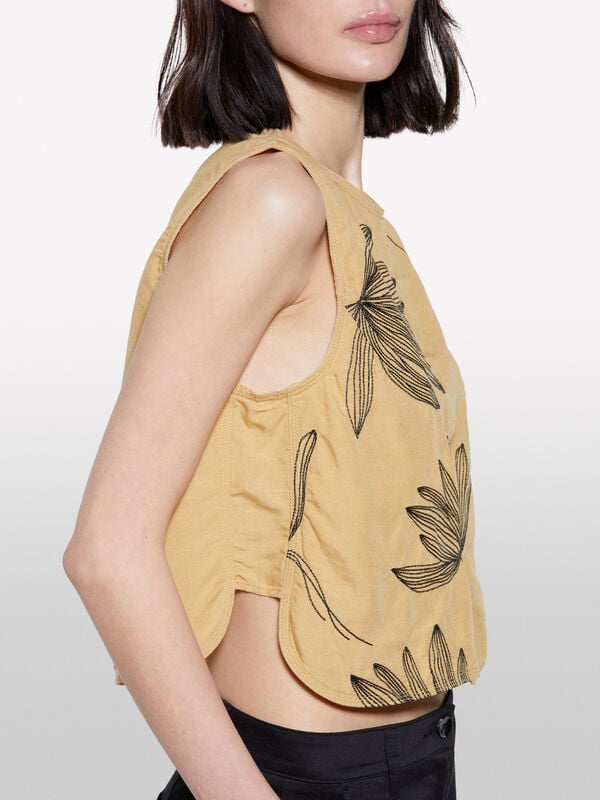 Mustard top with foliage embroidery  - women's tops | Sisley
