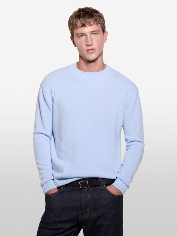 Light blue crew neck sweater in wool blend - men's crew neck sweaters | Sisley