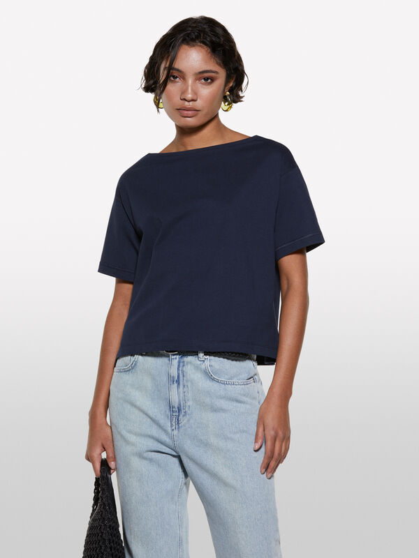 Dark blue boxy fit cropped t-shirt - women's short sleeve t-shirts | Sisley