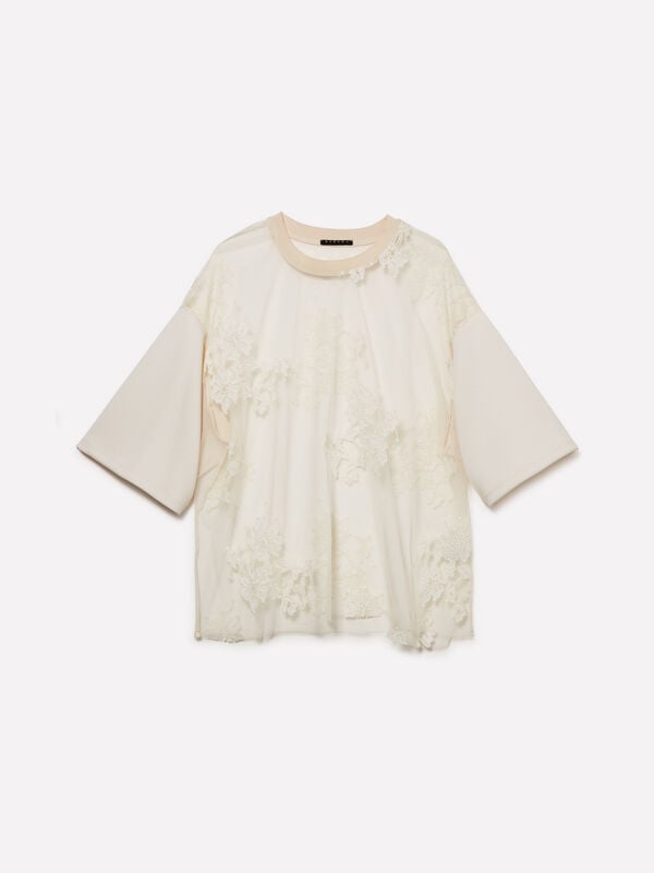 Cream white lace t-shirt  Cream white lace t-shirt  - women's short sleeve t-shirts | Sisley