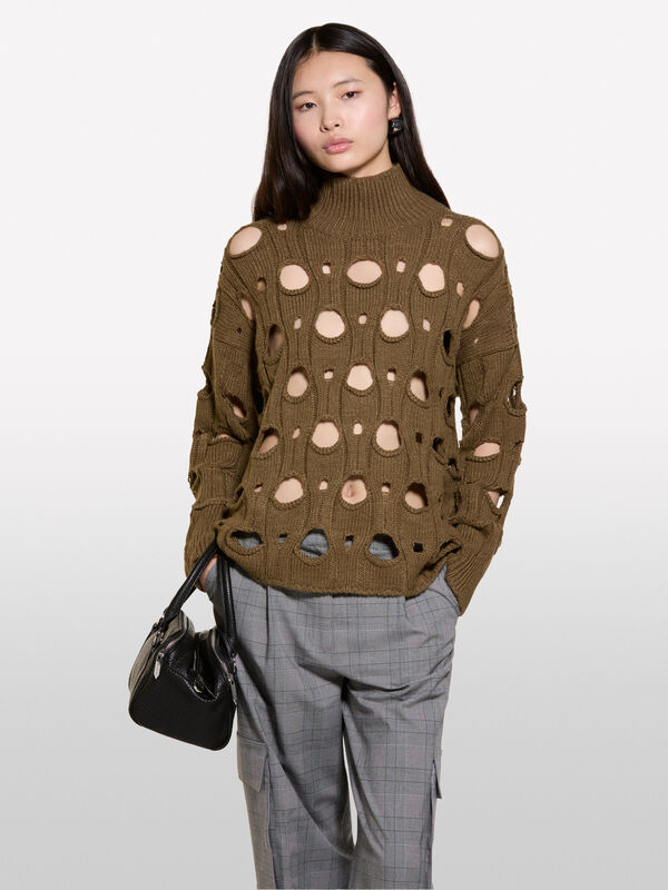 Brown open-knit sweater - women's high neck sweaters | Sisley