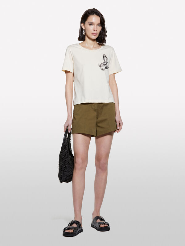 Sand beige t-shirt with mermaid print - women's short sleeve t-shirts | Sisley