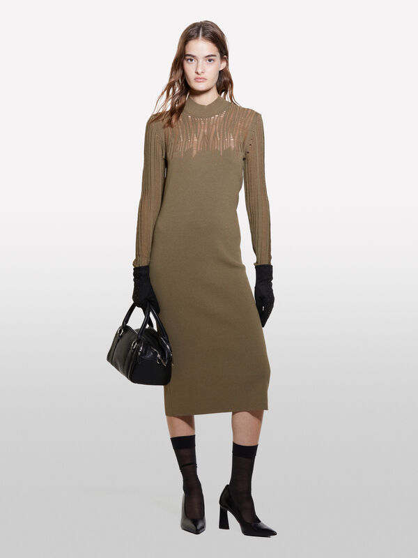 Brown long knit dress - women's midi dresses | Sisley
