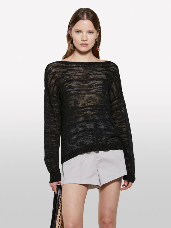 Black striped sweater with lurex - women's boat neck sweaters | Sisley