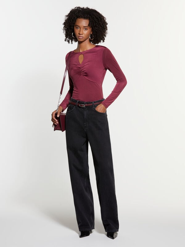 Burgundy t-shirt with curl  - women's long sleeve t-shirts | Sisley