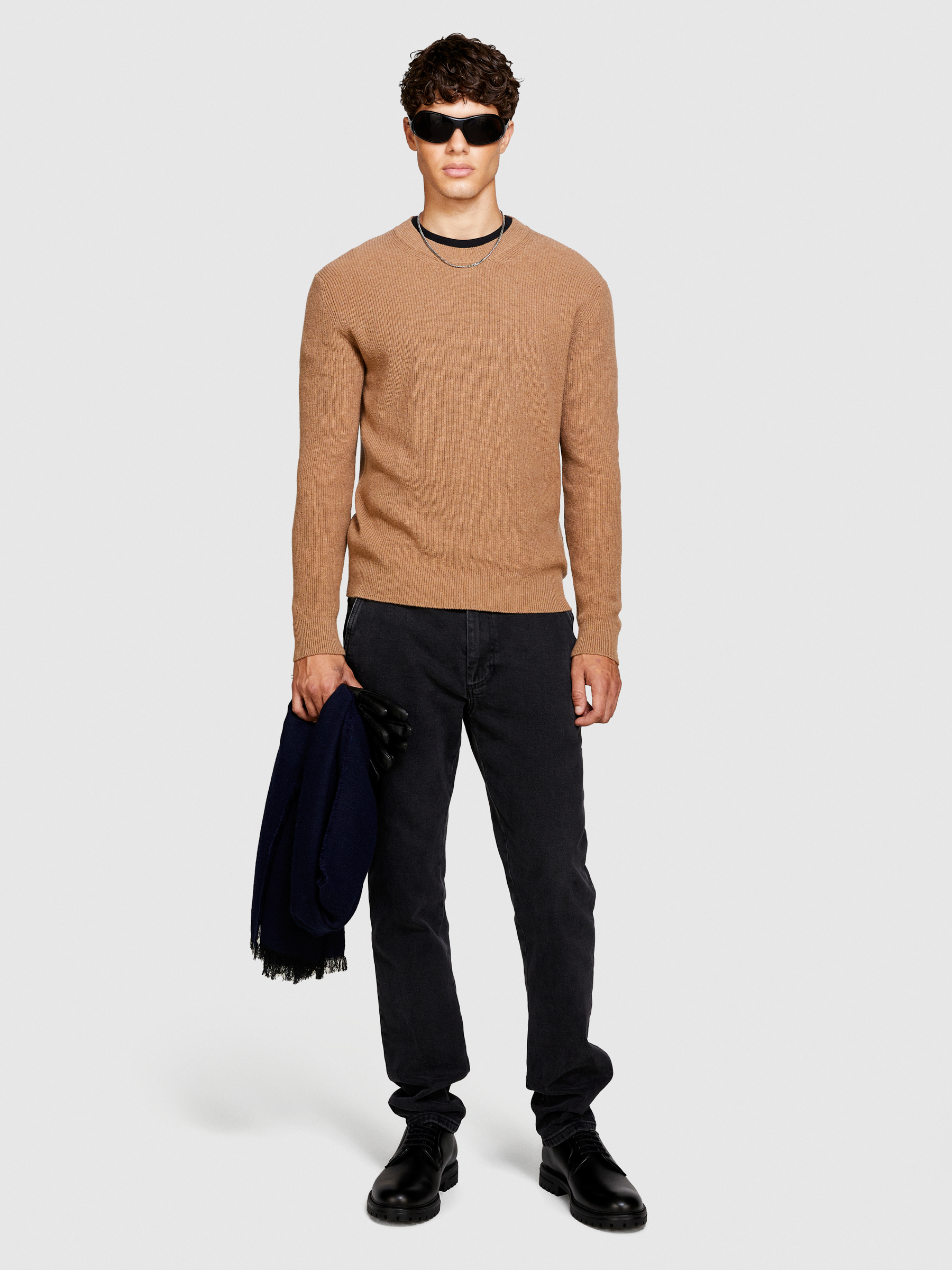 Sisley - Regular Fit Crew Neck Sweater, Man, Camel, Size: M