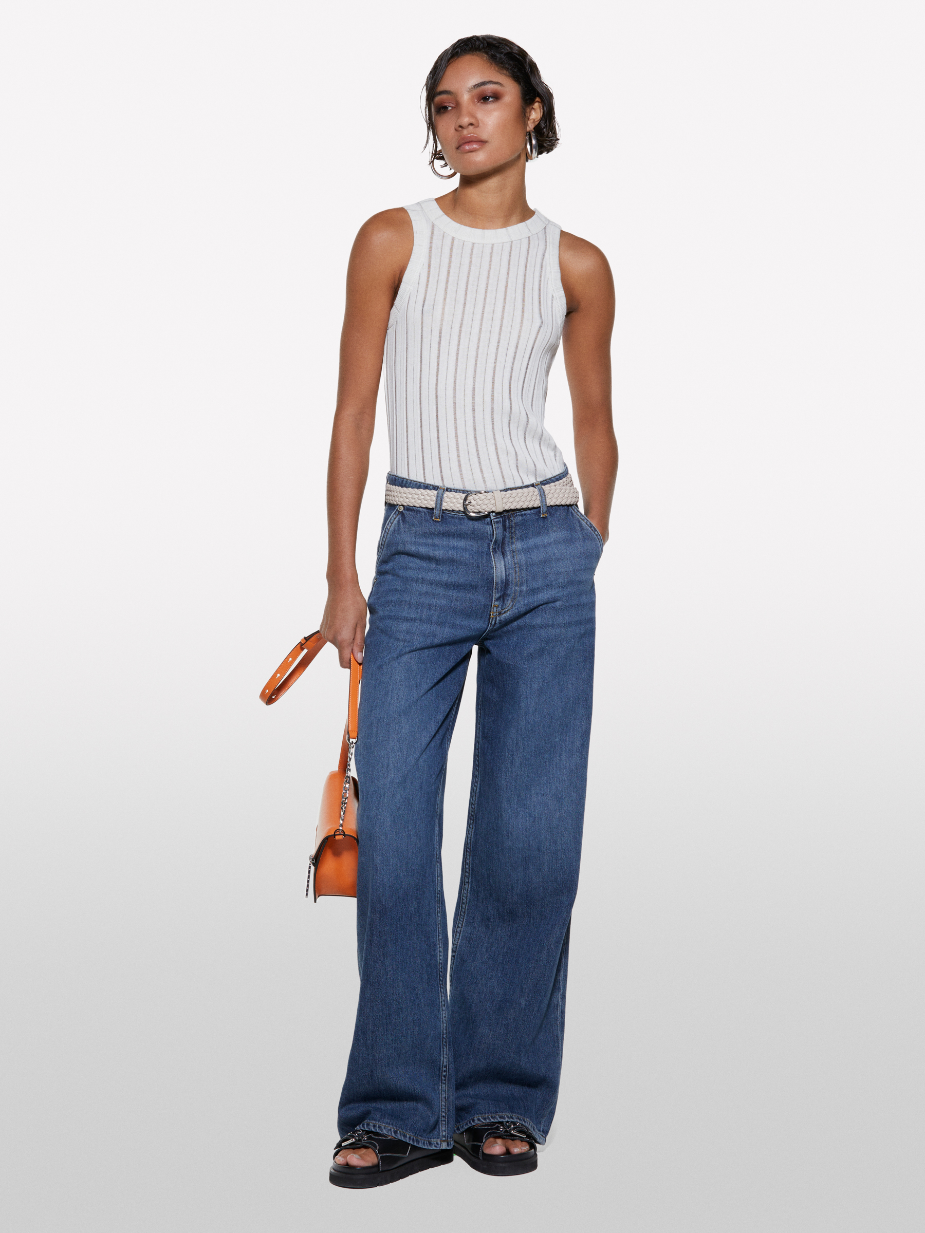 Sisley Sisley - Φανέλα Λευκή Slim Fit Με Ριπ Ύφανση, θήλυ, Λευκο, μέγεθος: S