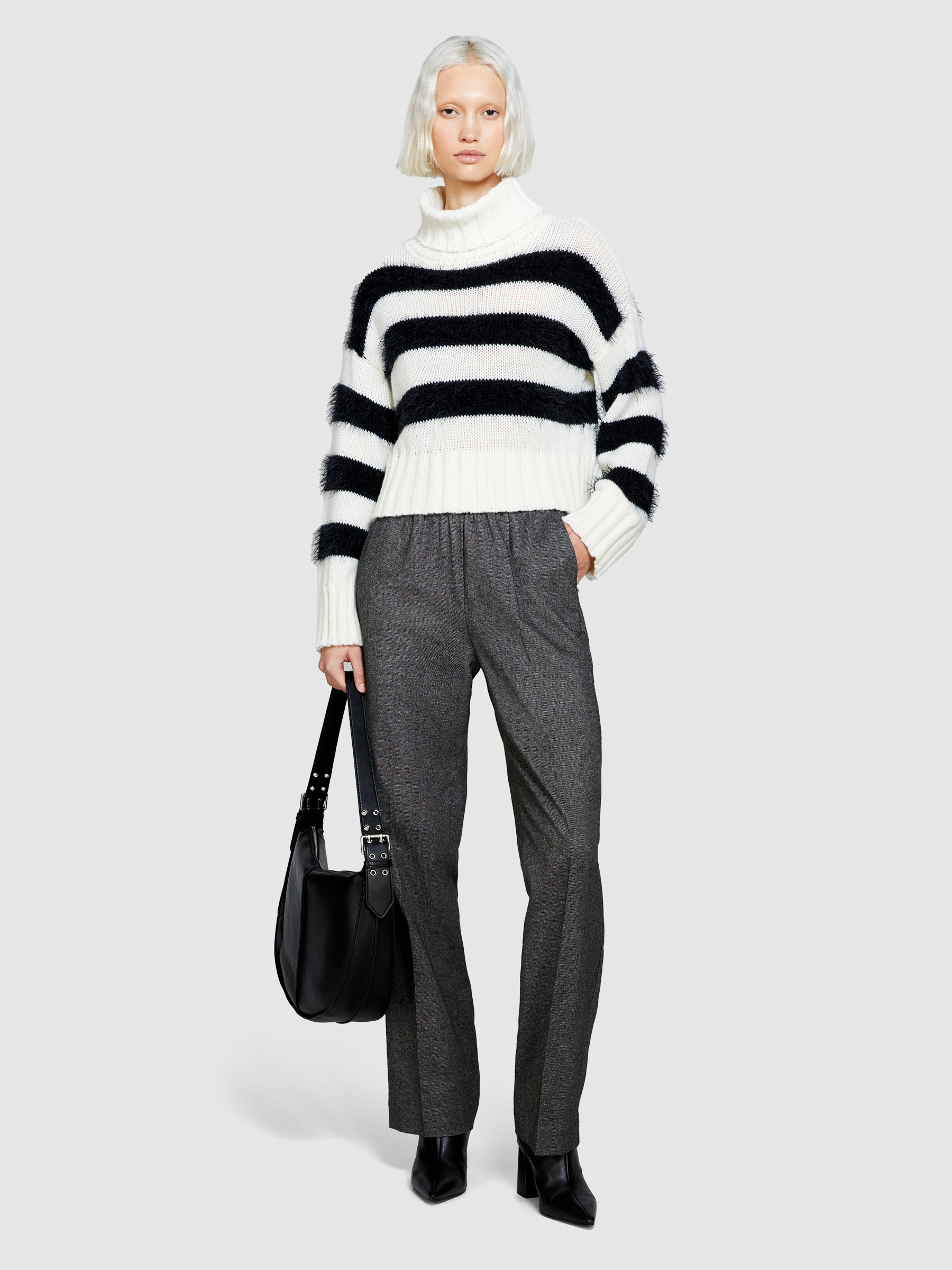 Sisley - Striped Sweater With Maxi Collar, Woman, White, Size: XS