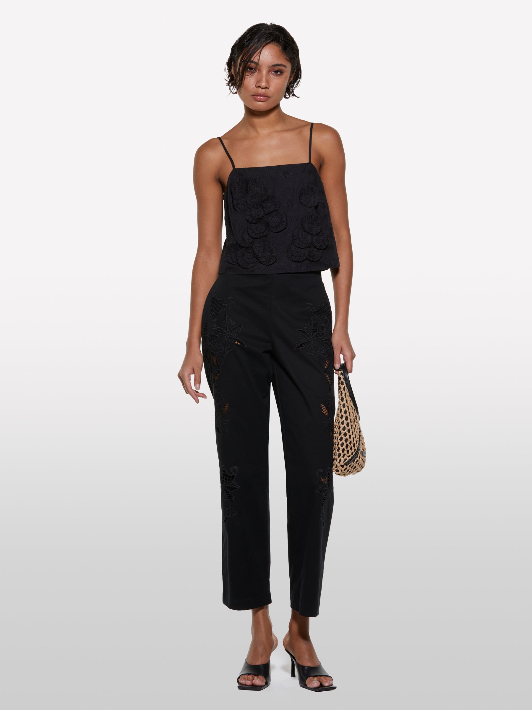 Sisley - Black Trousers With Embroidery, Woman, Black, Size: 38