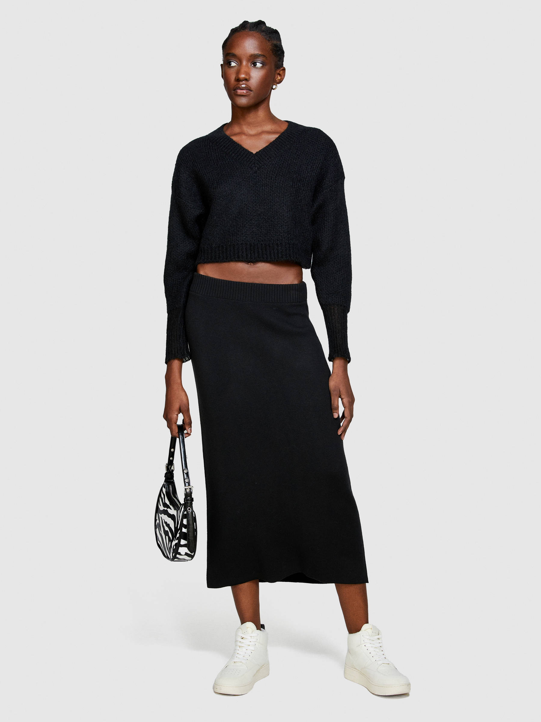 Sisley - Cropped Sweater, Woman, Black, Size: M
