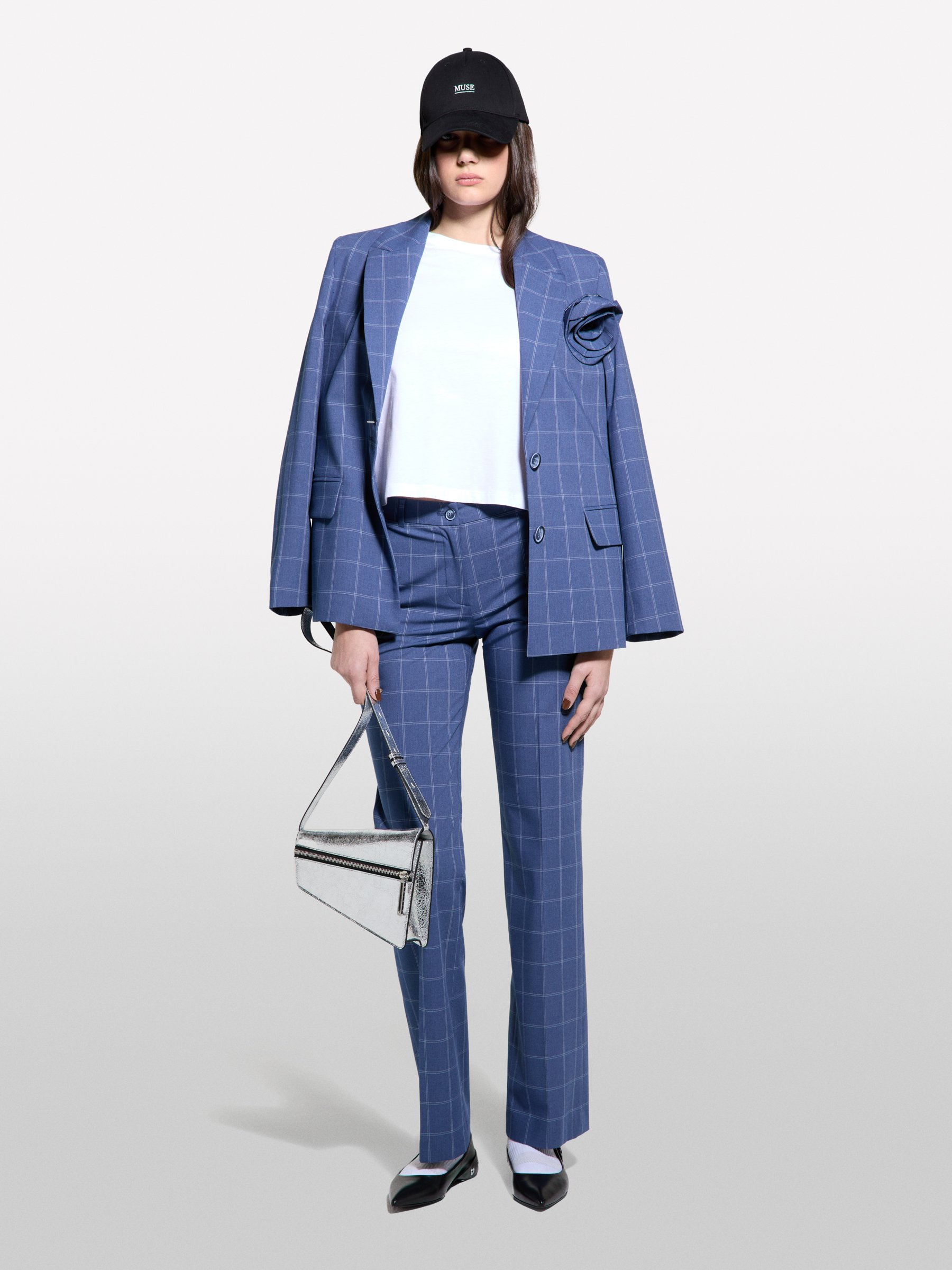 Sisley - Karierter Blazer Mit Brosche, Frau, Blau, Größe: 38